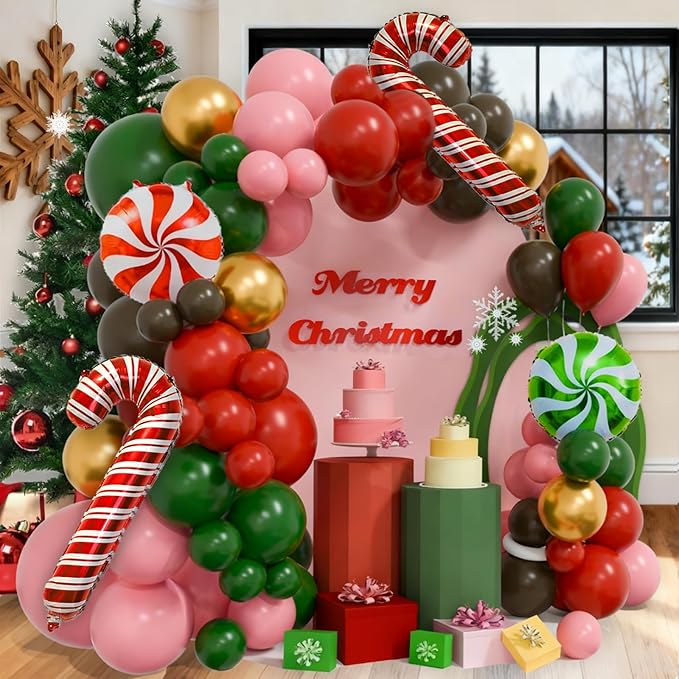 Pink Christmas Balloon Arch Kit Red Green Candy Cane Balloons Brown Gold Diy Gingerbread Balloon Arch Garland for Xmas Christmas Birthday Party Decorations Holiday New Year Decor