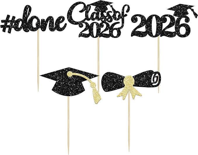 Gyufise 30Pcs 2026 Graduation Cupcake Toppers Gold Glitter Class of 2026 Cake Toppers Graduation Done Cupcake Picks Grad Cap Diploma Cake Decorations for 2026 Graduation Theme Party Cake Decorations