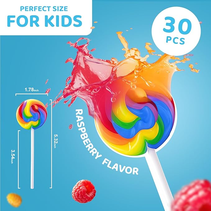 Swirl Rainbow Lollipops Individually Wrapped Bulk Suckers for Kid's Birthday, Swirl Candy Lollipop for Party Favors & Goodie Bags, Raspberry Flavor 30 Pack