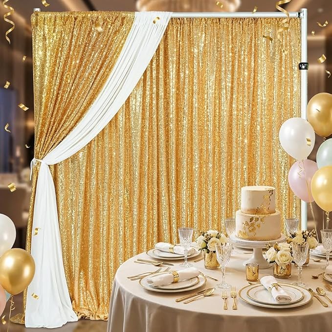 B-COOL Sequin Backdrop Curtains 2 Packs 5ftx8ft Gold Sparkle Backdrop Fabric Glitter Photography Drapes for Party Wedding Birthday Decoration