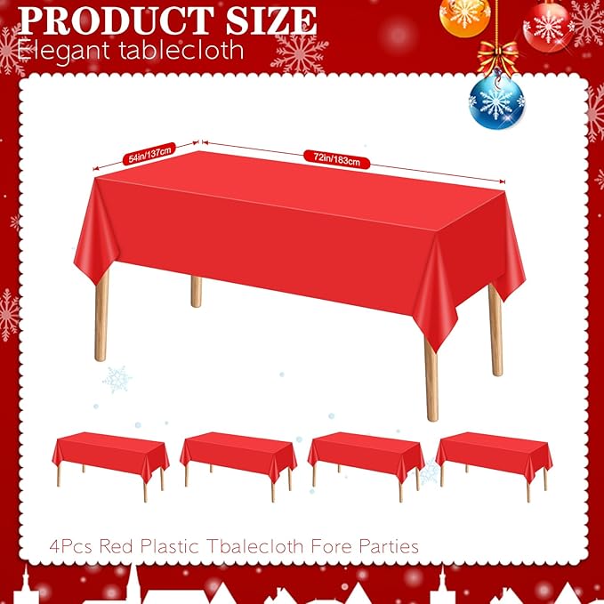 mwellewm 4 Packs Red Tablecloth, Plastic Red Table Cloth Christmas Tablecloth 54" × 72" Rectangle Disposable Tablecloths Waterproof Green Table Cover for Party Holiday & Gathering Use