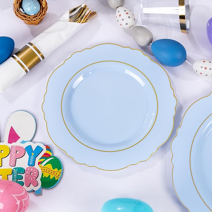 Liacere 350PCS Bule Plastic Plates - Disposable Bule and Gold Plates 50guest Baroque Plastic Dinnerware include 100Plates, 50Pack Pre Rolled Napkins with Silverware 50Cups for Wedding&Mother's Day