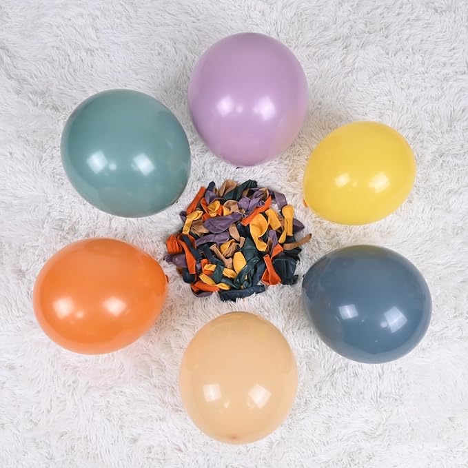 124PCS Rainbow Balloon Arch Kit, Assorted Colorful Balloon Garland with Dusty Slate Blue Retro Orange Balloons, Mustard Yellow Beige Balloons for Baby Shower Boho Groovy Birthday Party Decorations