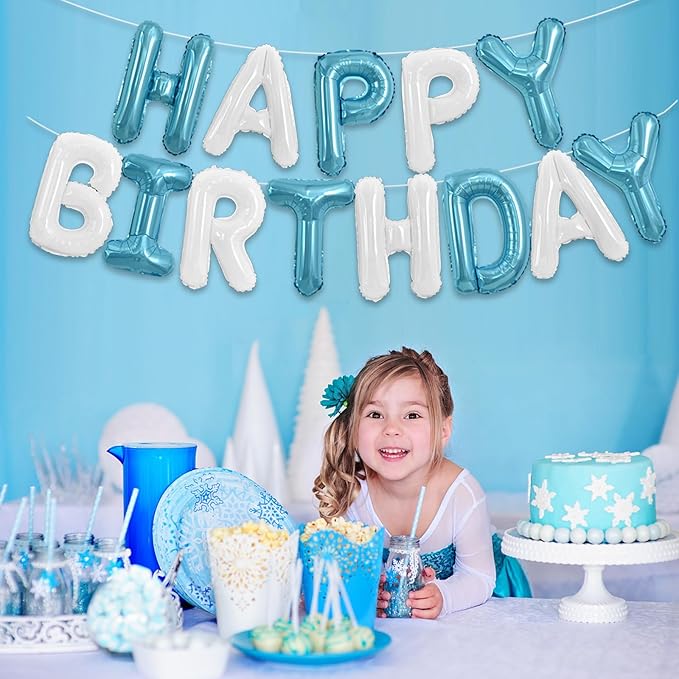 TONIFUL Happy Birthday Balloons Banner 16 Inch Mylar Foil Letters Birthday Sign Reusable for Girls Boys Kids & Adults Birthday Party Decorations Supplies（Light Blue White）
