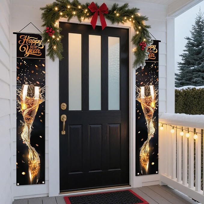 Nuxovilar New Year Decorations Outdoor Yard Front Porch Sign Set, Gold Champagne Glass "Happy New Year" Door Banners, Hanging Decor for Home