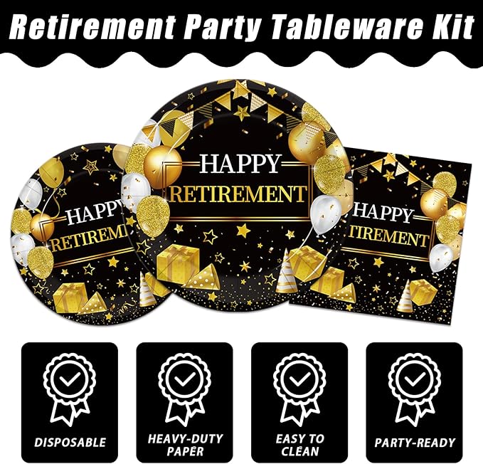 168 Pcs Retirement Party Supplies, Black Gold Happy Retirement Party Decorations for Women Retired Paper Plates Napkins Cups, Plastic Forks Knives Spoons for Going Away Decorations
