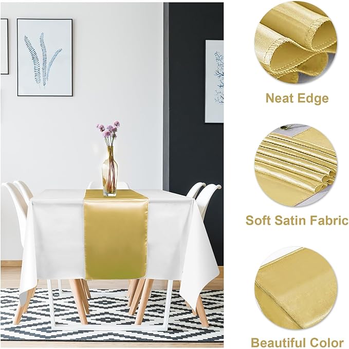 12Pack 12x108 Inch Satin Table Runner and 54x108Inch Plastic Tablecloths Set White and Gold Disposable Rectangle Table Cover for Graduation Wedding Bridal Shower Anniversary Birthday Party Decorations