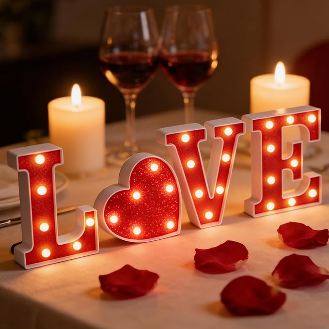 3 Pcs LED Marquee Light Up Letters Black Boo Sign Halloween Decorations Indoor Boo Halloween Lights for Home Kitchen Tabletop Fireplace Party Decoration (Red Love)