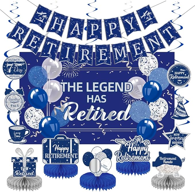 Happy Retirement Party Decorations Men Women, Blue Silver Retirement Party Decorations, Happy Banner, Backdrop, Hanging Swirls, Honeycomb Centerpiece
