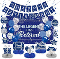 Happy Retirement Party Decorations Men Women, Blue Silver Retirement Party Decorations, Happy Banner, Backdrop, Hanging Swirls, Honeycomb Centerpiece