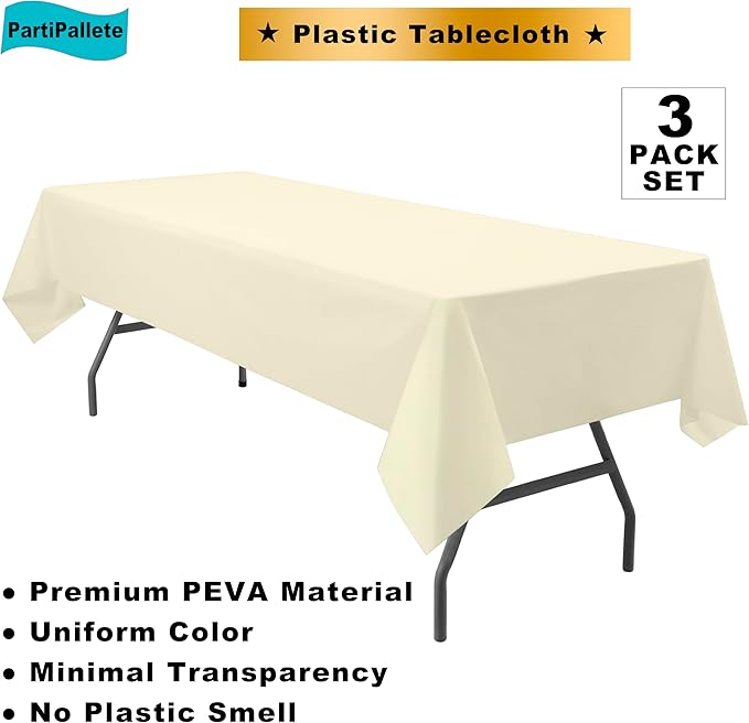 3-Pack Premium Plastic Ivory Tablecloth Disposable 54" x 108" Rectangle Cream Table Cover PEVA Party Milky Off White Table Cloths for Birthday Wedding Engagement Bridal Shower Banquet