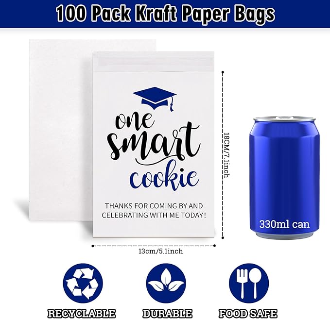 Whaline 100Pcs Graduation Cookie Treat Bags White-Blue One Smart Cookie Self Adhesive Buffet Paper Bags for Congrats Grad School Party Supplies, 5.1 x 7.1 Inch