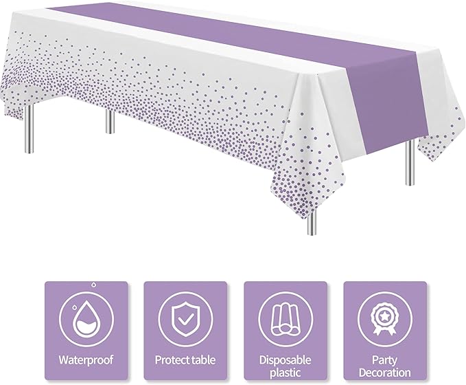 White and Purple Party Decorations Tablecloth, 3 Pack Disposable Purple Dot Table Cover Printed Table Runner for Birthday Baby Bridal Shower Wedding Anniversary Graduation, 86in x 55in