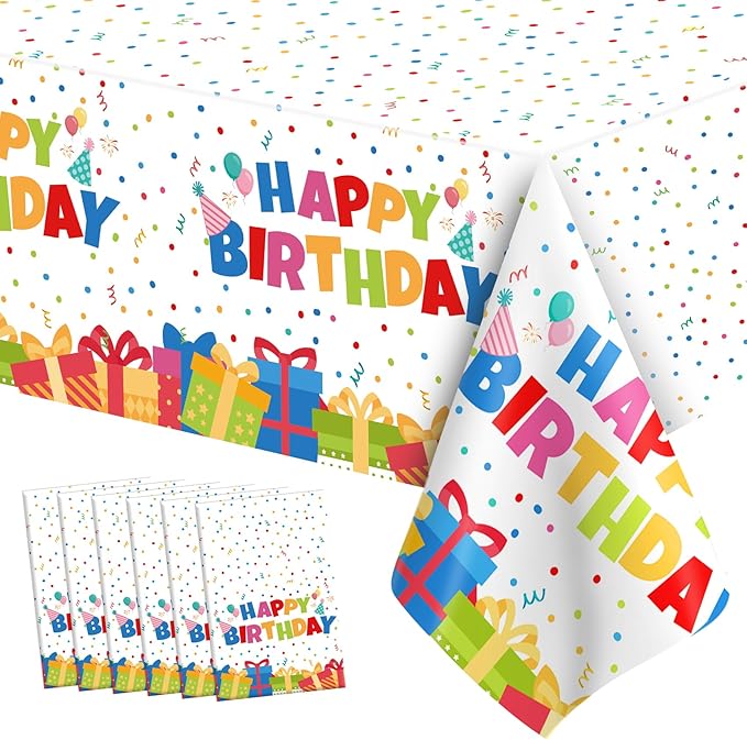 Birthday Tablecloth, 6 PCS Birthday Table Cloths 54'' x 108'' Disposable Birthdays Table Cover Waterproof Plastic TableCloth Rectangle Party Tablecloths for Kid’s Happy Birthdays Party Decorations