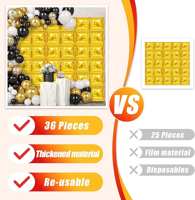 36 Piece XL Golden Square Foil Balloon Wall Screen Double Sided Square Balloon Screen Tunnel Arch Kit Mylar Square Balloons For Baby Shower Graduation Prom Birthday Party Decorations (Golden)