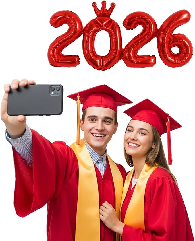 TONIFUL 2026 Red Crown Foil Number Balloons 16 Inch Red Number Banner 2026 Graduation Aluminum Foil Mylar Balloons for New Year Eve Christmas Anniversary Party Supplies