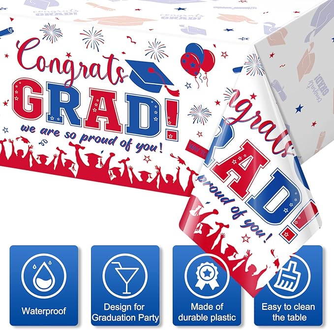 6 Pack Graduation Tablecloth Party Decorations, Class of 2026 Congrats Grad Plastic Tablecover Party Supplies, Blue and Red Rectangle Graduation Table Decor for College High School Party, 54x108Inch