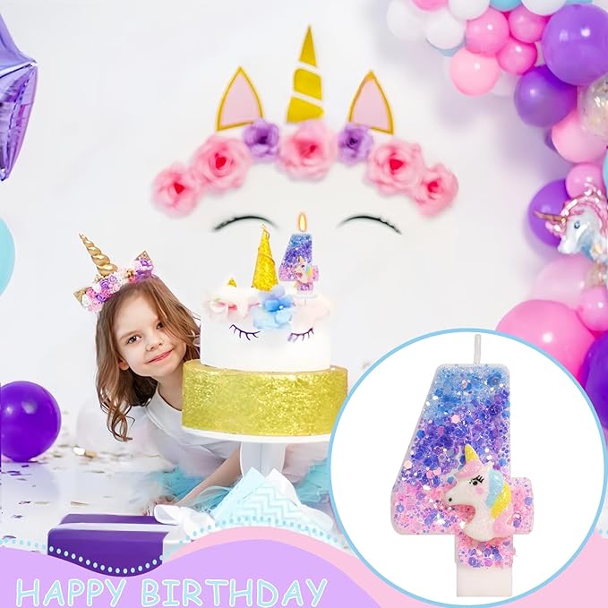 Unicorn Candle - Number 4 Candle, 4th Birthday Decorations for Girls, Colorful Sequins Birthday Candles for Cake, Cartoon Unicorn Theme Party Decorations