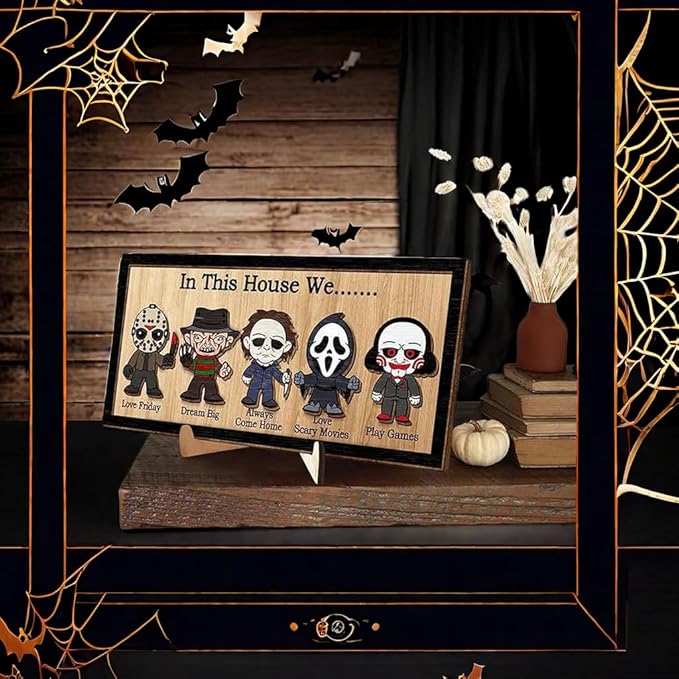 In This House We Horror Halloween, 2 Layered Frame Wood Sign, Halloween Signs, Wall Hanging Scary Decorations, Haunted Party, Spooky Movie Characters decor for Indoor Outdoor Wall Desk (STAND)