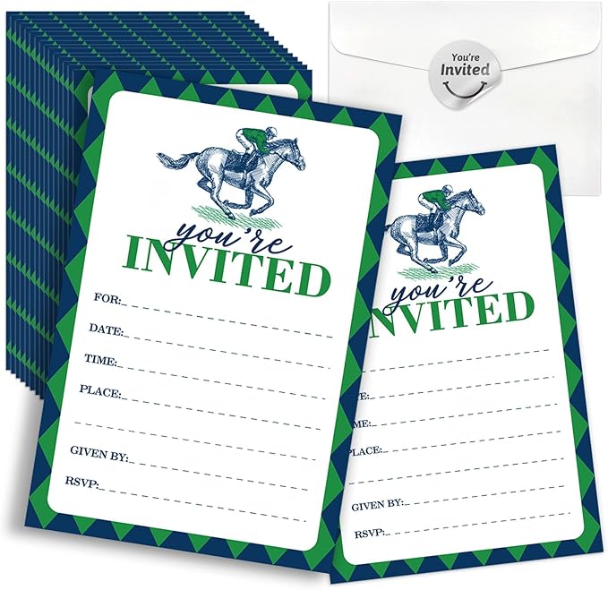 Kentucky Horse Derby Themed Shaped Fill-In Invitations card 15 Sheets with Envelopes, Horse Rac Party Belmont Parties Invites, for Teen Boys Girls Adults Birthday Sports Tennis Party
