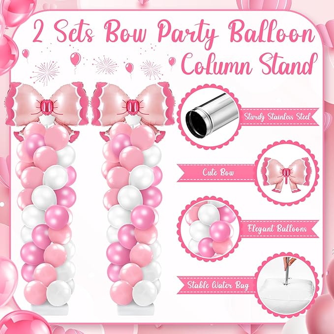 Kasyat 2 Sets Pink Bow Balloon Column Stand Kit with 2 Pink Bow Foil Balloons 100 Latex Balloons, Adjustable Stands Pink and White Balloon Garland Arch for Bridal Princess Birthday Coquette Party