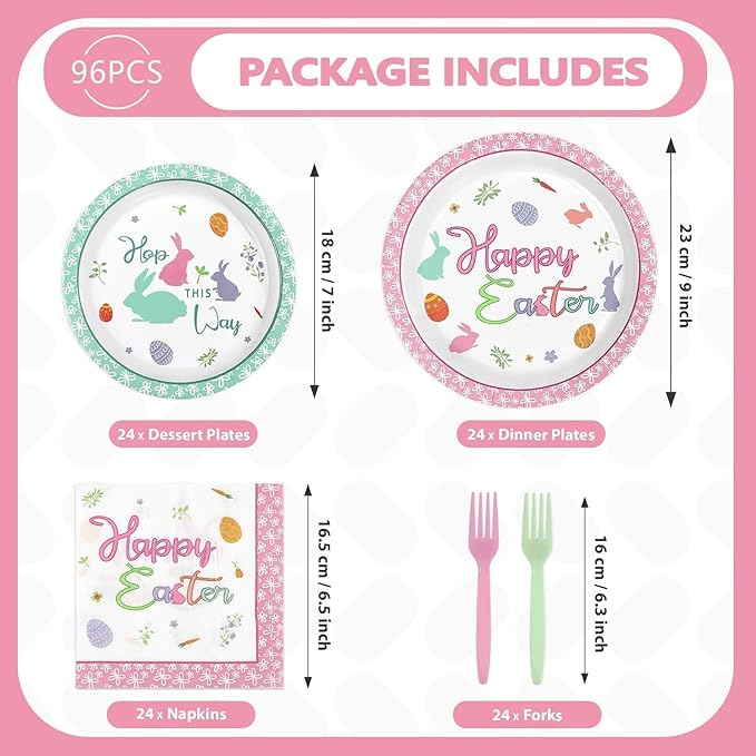 96Pcs Happy Easter Plates and Napkins Bunny Egg Disposable Easter Plates Egg Bunny Colorful Disposable Easter Paper Tableware Set for Happy Easter Spring Celebrations Birthday Party Supplies Serves 24