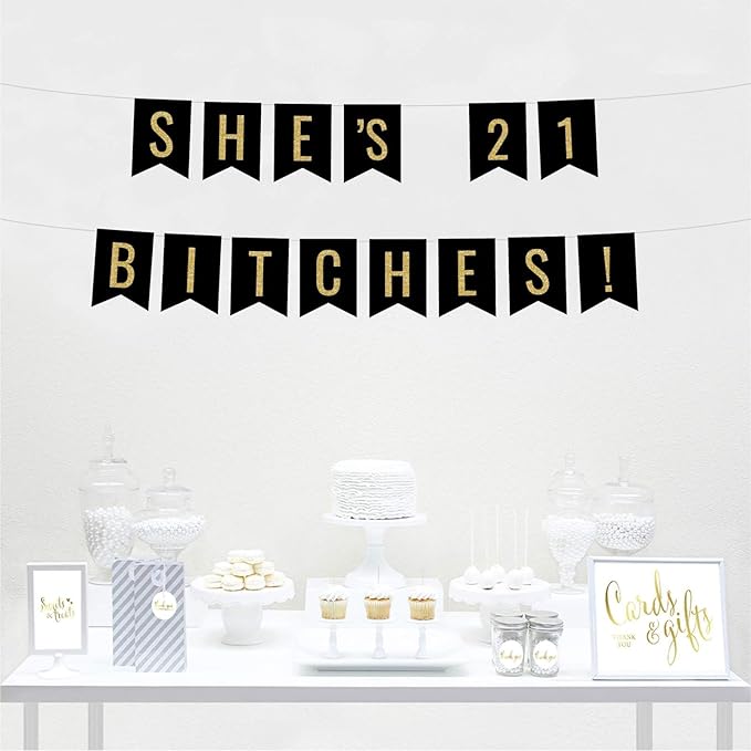Andaz Press Faux Gold Glitter on Black Birthday Party Banner Decorations, She's 21 Bitches!, Approx 5-Feet, 1-Set, 21st Birthday Milestone Colored Hanging Pennant Decor