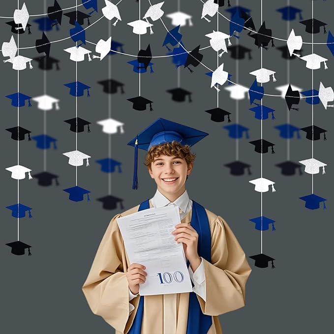 Blue and Silver Graduation Garland Graduation Party Decorations Class of 2026 Grad Cap Garland Banner Streamers for Grad Party Hanging Decorations 39Feet