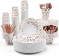 White and Rose Gold Party Supplies - 350 PCS Disposable Dinnerware Set - White Paper Plates Napkins Cups, Gold Plastic Forks Knives Spoon for Graduation, Birthday, Thanksgiving, Cocktail Party