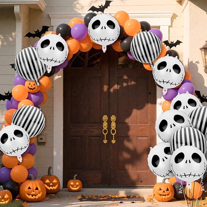 12 PCS Halloween Skull Foil Black and White Striped Balloons(18 Inch) Nightmare Honor Theme Birthday Party Decorations Spooky Ghost Skeleton Cat Baby Shower Day of The Dead Indoor Outdoor Decor