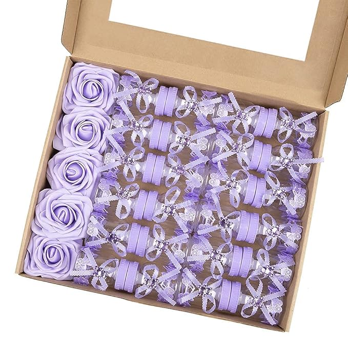 MACTING 2 Dozens 3.5 Inch Feeding Bottle Candy Box with 5Pcs Artificial Flower Rose for Baby Shower Favor Gift Decoration (Purple)