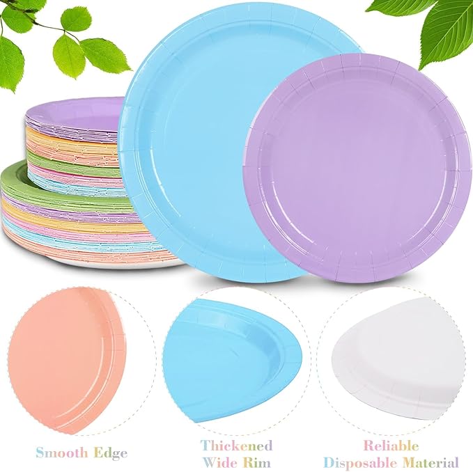 192PCS Pastel Party Supplies Set Rainbow Tableware Bulk Include Paper Plates Cups Napkins Colorful Mix Color Disposable Dinnerware Decorations for Baby Shower Graduation Carnival Wedding