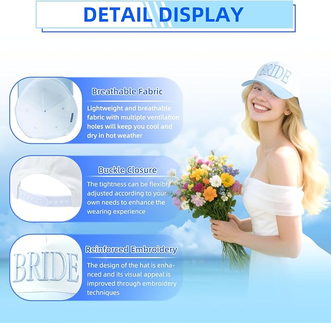 Bride Trucker Hat |Wedding Cap for Bride-to-Be，Bach Party Decorations, Bridesmaid Gift, Bridal Headwear,Wedding Cap