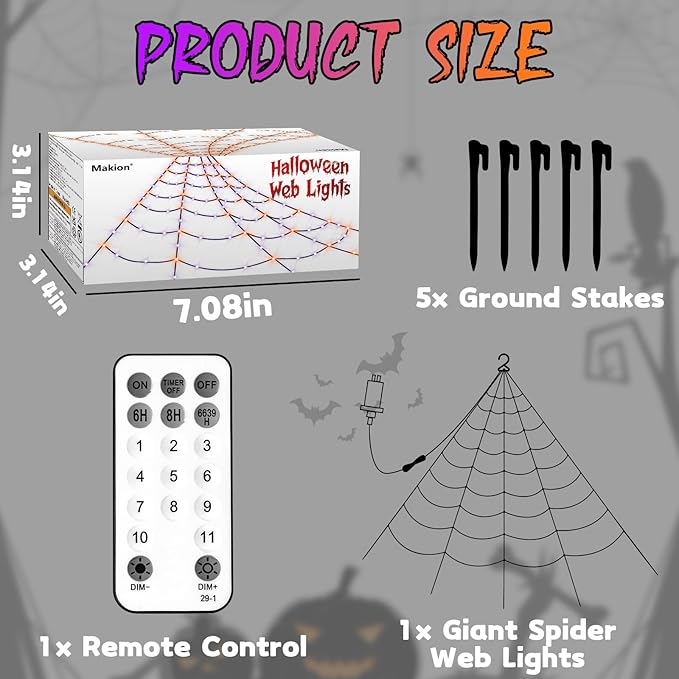 Halloween Decorations Outdoor Spider Web Lights - 550 LEDs Purple and Orange Remote Control Timer Plug in Giant Halloween Decor Cobwebs - 11 Modes Lighting Waterproof Yard Garden Party Decorations