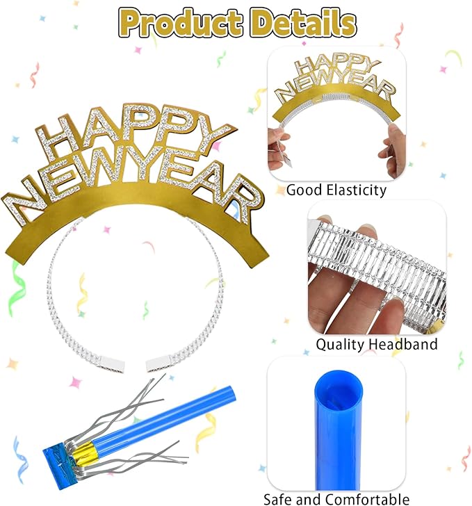 Openfly New Years Eve Party Supplies 2026 Happy New Year Headband Tiara New Year Fringed Noise Makers Party Favors