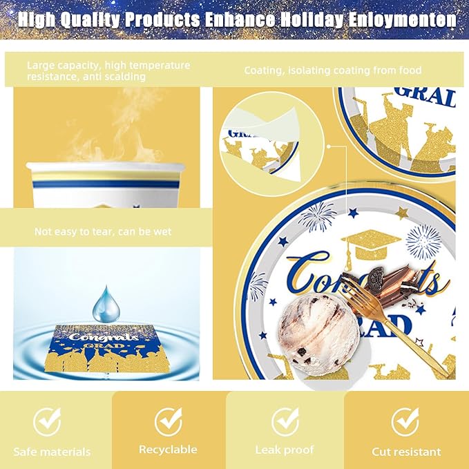 2025 Congrats Grad Party Decorations Blue and Gold Graduation Party Supplies with 2025 GRAD CONGRATS Banner Balloons Cake Toppers Tablecloth Plates Napkins Cups for Graduation Decorations