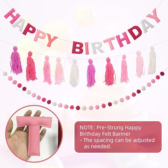 Pre-Strung Happy Birthday Banner Felt Ball Garland Banner Sign for Pink Birthday Party Decorations Mermaid Party Decor