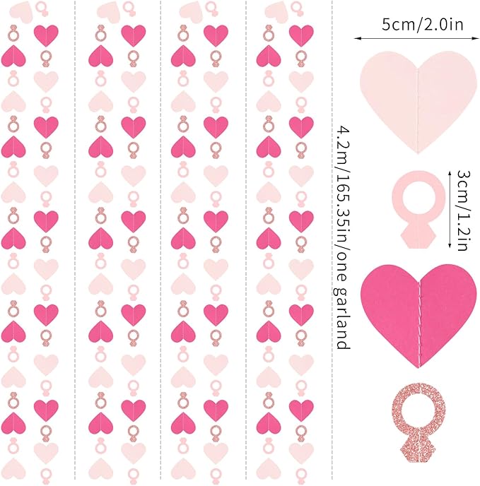 Hot-Pink Rose Gold Heart-Ring Garland - 52Ft Engagement Bachelorette Party Decorations Wedding Paper Streamers Banner, Valentines Day Galentines Proposal Decor Lasting Surprise