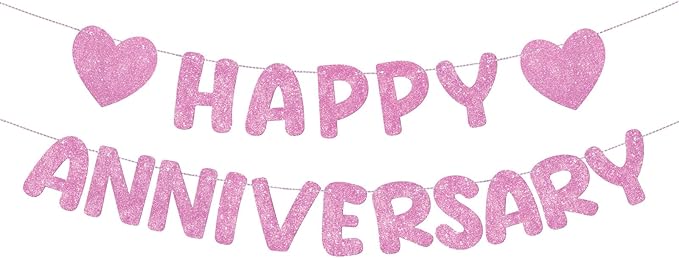 Fulmoon Happy Anniversary Banner Glitter Happy Anniversary Decorations Wedding Party Banner Romantic Decorations No DIY Pre-strung for Wedding Party Birthday Door(Pink)