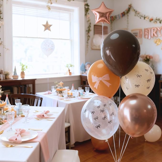 Brown Bow Balloons, Neutral Brown Balloons 50pcs 12 Inch Dark Coffee Tan Metallic Gold Nude Sand White Clear for Girl Women Brown Birthday Bow Theme Party Wedding Engagement Coffee Decoration