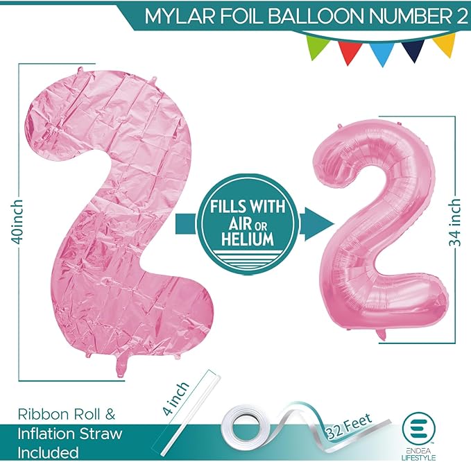 40 Inch Large Pink Number Celebration and Decoration Balloon for Birthday Parties, Graduations, Anniversaries, Weddings, Photo Shoots, Special Events - Helium Foil Mylar (Pink Number 2)