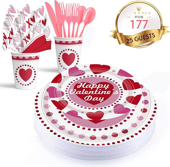 Valentines Day Paper Plate Tableware Set - 177 pcs Heart and Love Disposable Dinnerware with 2 Tablecloth - Red Paper Plates Napkins Cups for Valentines Day Kids School Office Party Supply