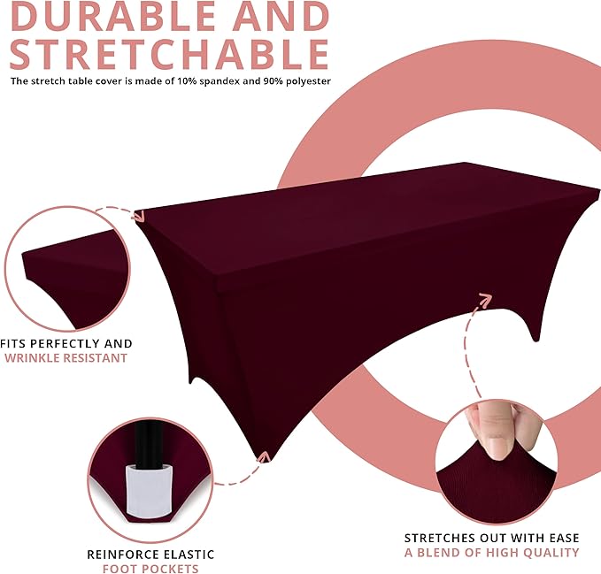 Utopia Kitchen Spandex Tablecloth 2 Pack [6FT, Burgundy] Tight, Fitted, Washable and Wrinkle Resistant Stretch Table Cloth Rectangle Cover for Trade Show, Weddings & Parties [72Lx30Wx30H Inch]
