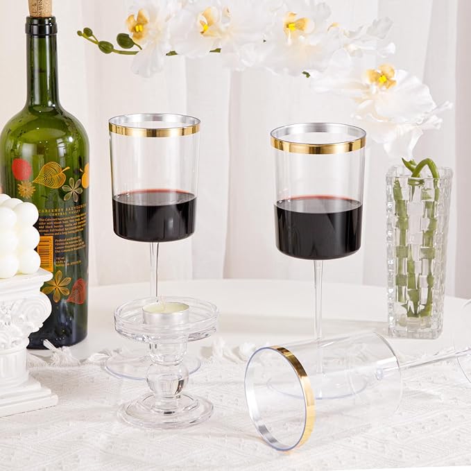 Ciaell 12 Pack Plastic Wine Glasses - 14 Oz Plastic Wine Glasses with Stem - Square Gold Disposable Stemmed Glass for Parties & Weddings & Outdoors