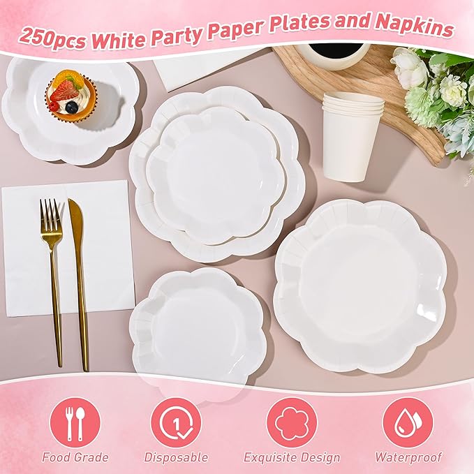 250 Pcs White Paper Plates and Napkins Tableware Set, White Party Supplies for 50 Guests Include Scalloped Paper Plate Napkins Cups for Baby Shower Wedding Bridal Shower Birthday