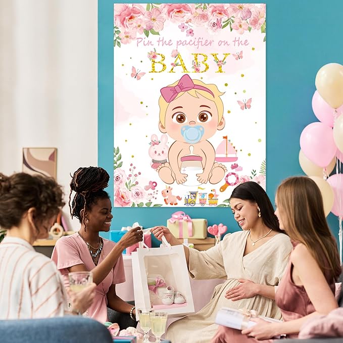 WNINK Pin The Pacifier On The Baby Pink Baby Shower Game Party Decorations Include Large Poster 30 Pacifier Stickers Game Set for Baby Shower Activity, Gender Reveal, Birthday Party Decor Supplies