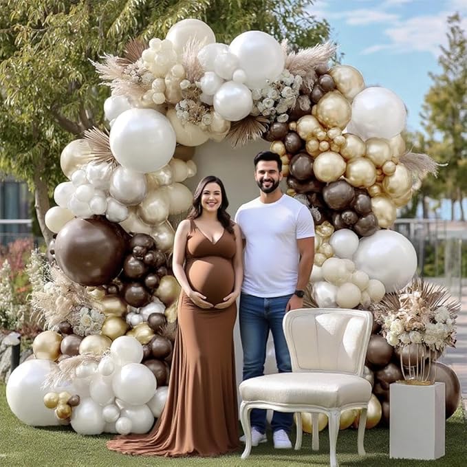 Brown White Balloon Garland Double Stuffed Dark Brown Beige Sand White Pearl Gold Balloon Arch Kit for Neutral Baby Shower Birthday Wedding Woodland Teddy Bear Party Decorations