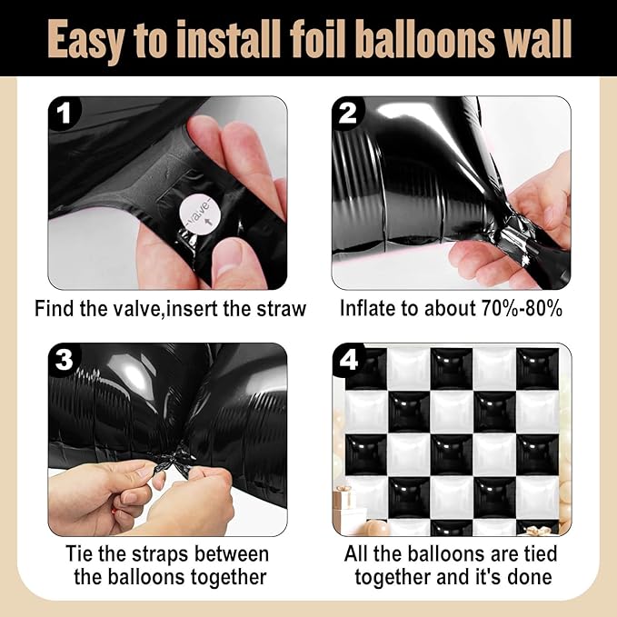 36Pcs Black and White Square Foil Balloons Wall Backdrop, Double Sided Metallic Foil Balloons Tunnel Arch Garland Kit for Photo Booth Birthday Wedding Halloween Christmas Party Decorations