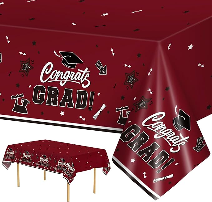 2 Pack Graduation Tablecloth - Congrats Grad Table Cloths, Plastic Disposable Rectangle Maroon Class of 2026 Table Cover for Graduation Tables Decorations Party Decor Supplies Favors,108 x 54 Inch