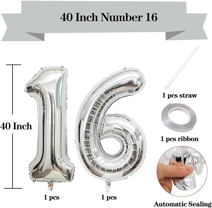 Large Silver 16 Number Balloons, 40 Inch Jumbo Number 16 Balloon, Silver Foil Mylar Balloons for Girl Sweet 16th/61th Birthday Party, Anniversary Decorations